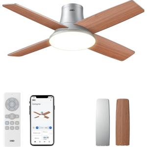 imageDreo Ceiling Fans with Lights 12 Speeds ampamp 3 Fan Modes Quiet DC Motor Low Profile Easy to Install Flush Mount Smart Ceiling Fan with Dimmable LED 12H Timer for Bedroom Remote White 44Silver