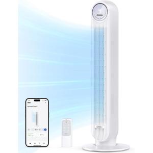 imageDreo Tower Fan for Bedroom 25fts Smart Standing Fans 90 Oscillating Floor Fan with 4 Modes 4 Speeds 8H Timer 28dB Bladeless Remote 28 dB Works with WiFi Voice ControlWhite