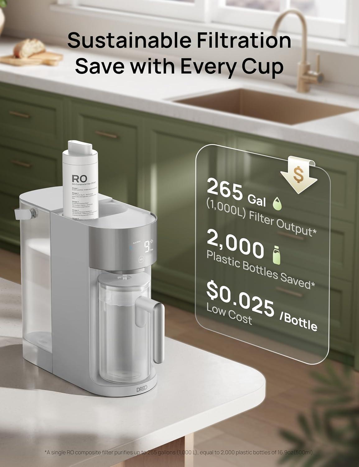 imageDREO Reverse Osmosis Water Filter Countertop RO Filtration System 31 Pure to Drain TDS amp Filter Life amp Autofill Pitcher InstallationFree SelfCleaning Water Purifier RO Water Filter 112 3LGray