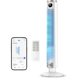imageDREO Smart Tower Fan for Bedroom 4045 Adjustable Height 28 fts Velocity DC Motor 9 Speeds 4 Modes 90Oscillating Standing Fan 20dB Quiet 12H Timer for Home Office GoogleAlexa BlackWhite