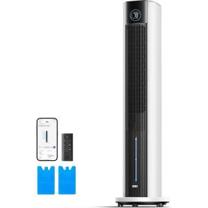 imageDREO Evaporative Air Swamp Cooler 43 Cooling Fans that Blow Cold Air 2026 Upgraded 80 Oscillating Floor Fan for Bedroom Easy Cleaning APP Control Ice Packs 4 Speeds amp 4 Modes 12H Timer WhiteWhite