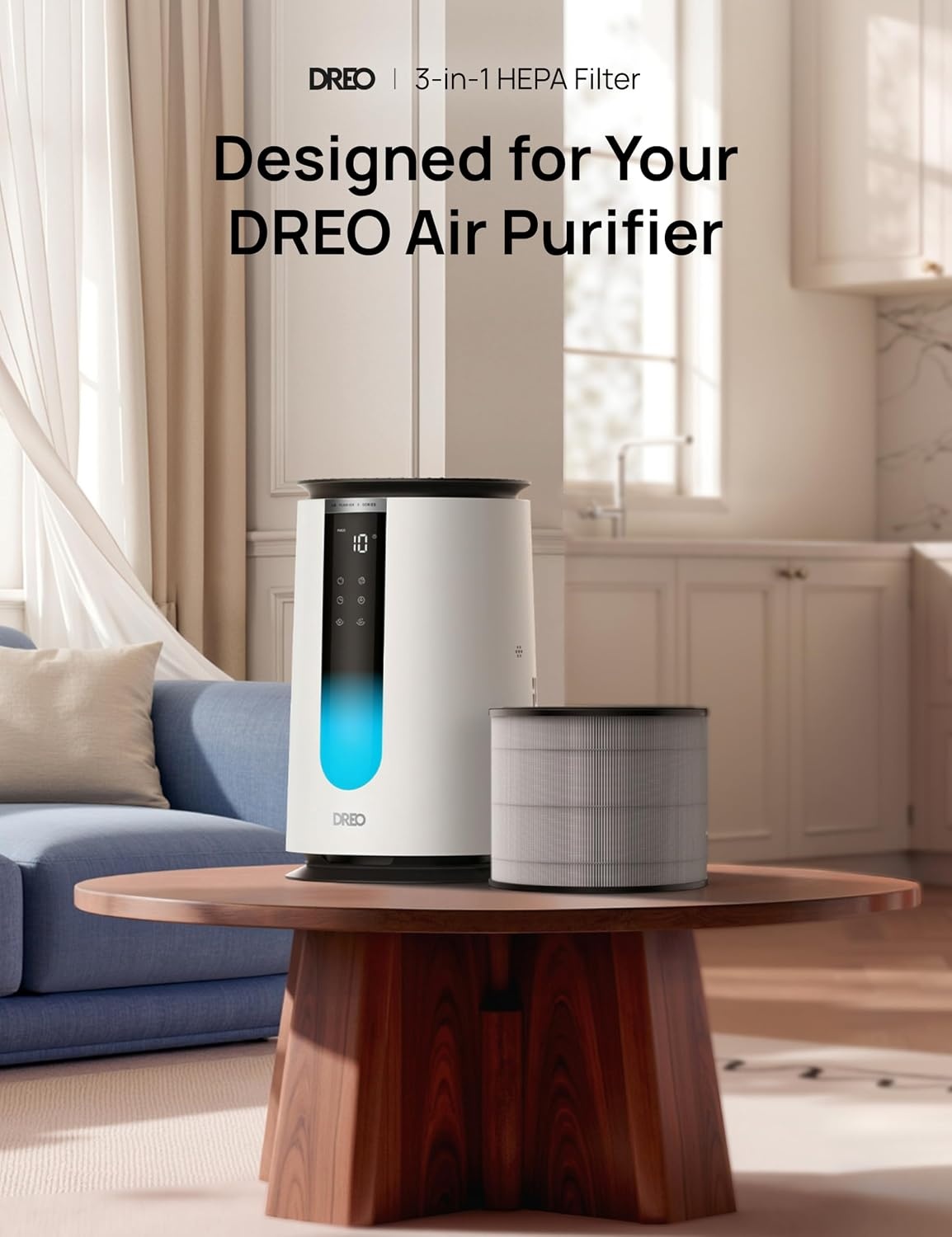 image:imageDREO Genuine HEPA Replacement Filter for Air Purifier 338338S DRHAP008008S 3in1 HEPA amp Activated Carbon Filter for PM25 Smoke Odor Dust amp Pollen Black 1 PackReplacement Filter Only